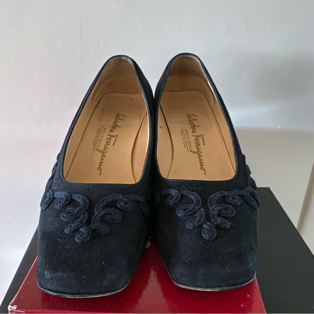Salvatore Ferragamo Black Suede Scilla Heels with Embroidery